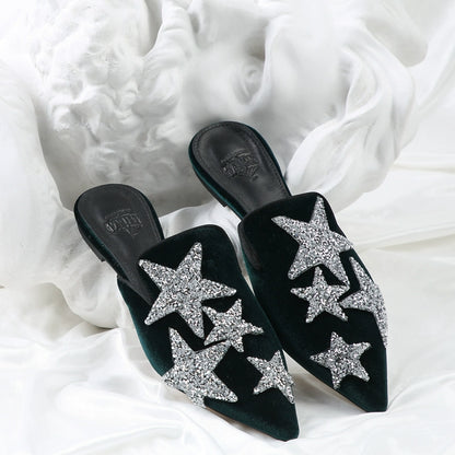 B-FEI rhinestone flats, mules, velvet slippers-LINC.