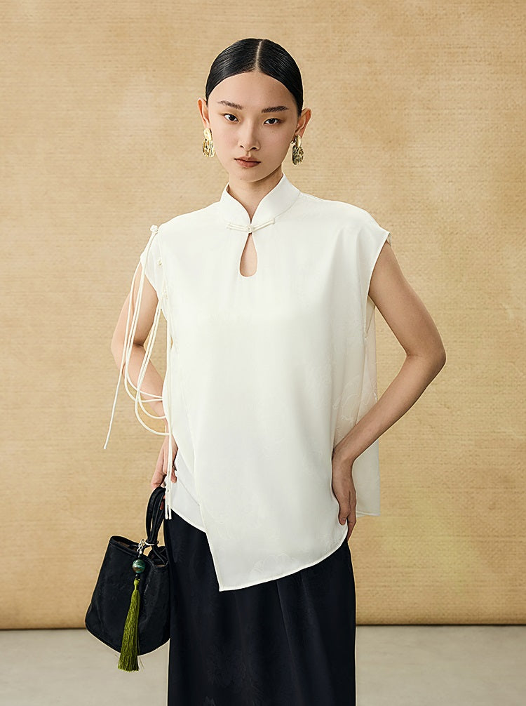 HECO Chinese Peony Buckle Short Sleeve Acetate Tassel Top - TEACH .