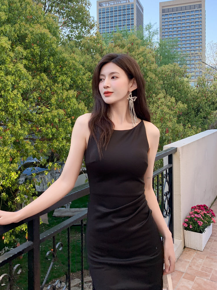 DOLLY Elegant Black Sleeveless Slim Fit Pleated Waist Long Birthday Dress-JUDY