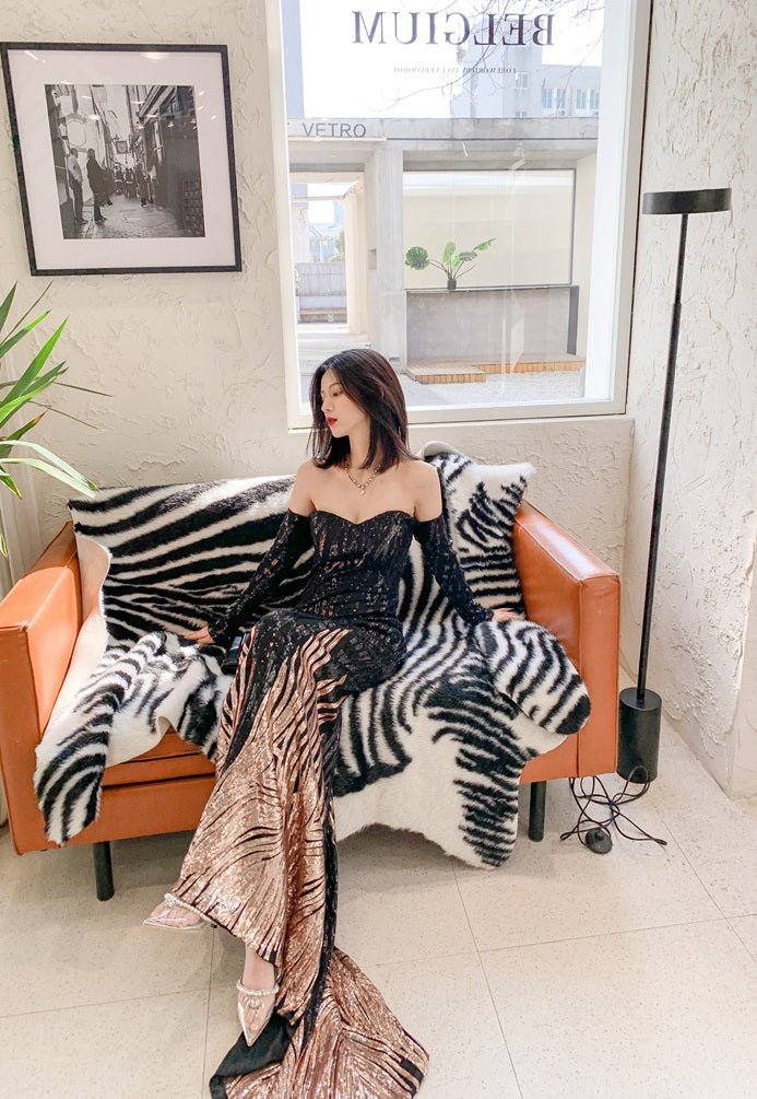 DOLLY High End Black Gold Chest Wrap Long Sleeve Off Shoulder Long Banquet Dress-KANTE