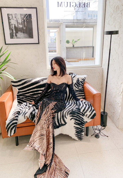 DOLLY High End Black Gold Chest Wrap Long Sleeve Off Shoulder Long Banquet Dress-KANTE