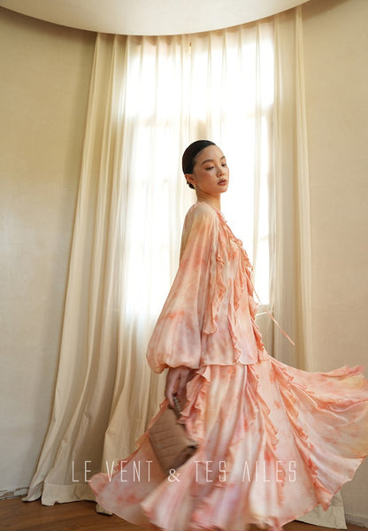 LE VENT& TES AILES Spring summer elegant multicolor silk smudged floral shirt skirt-ENE