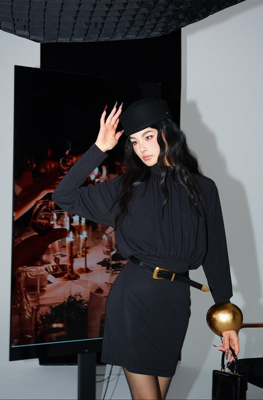 MEI SANGUANG Black semi-turtleneck hip-hugging short dress - SABASTIAN