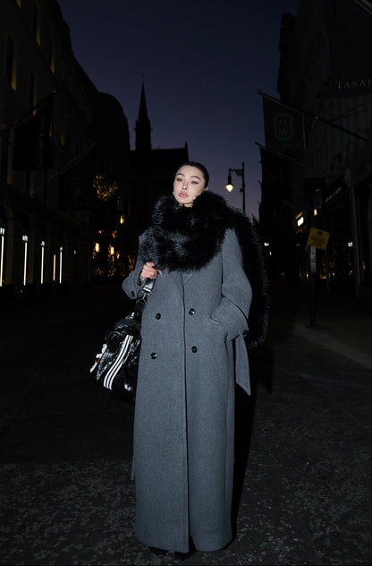 MEI SANGUAN gray double-breasted lace-up woolen jacket - CLARA