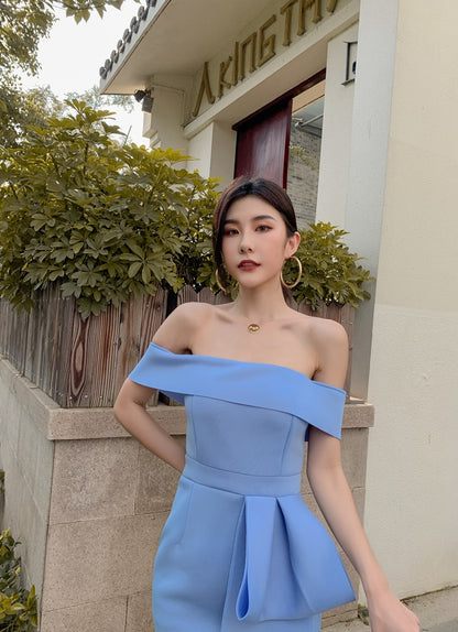 DOLLY Elegant Blue Sleeveless Off Shoulder Chest Wrap Midi Dinner Dress-DARA