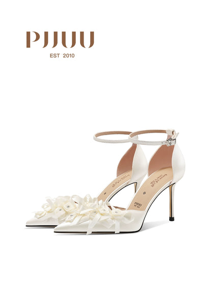 PJJUU white pointed toe hollow stiletto heels - PIZZED.