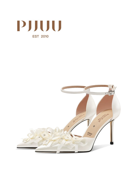 PJJUU white pointed toe hollow stiletto heels - PIZZED.