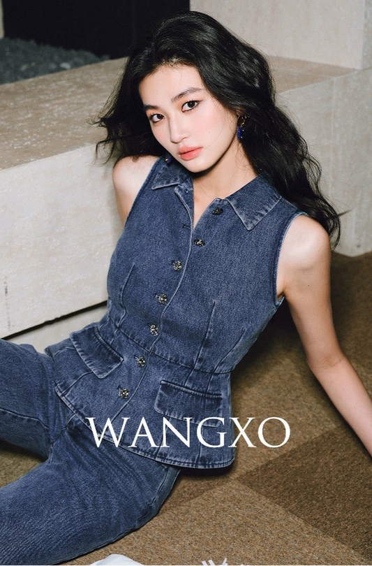 WANGXO Denim Suit Waist-Cinched Vest & Retro Flared Pants - VIOLA