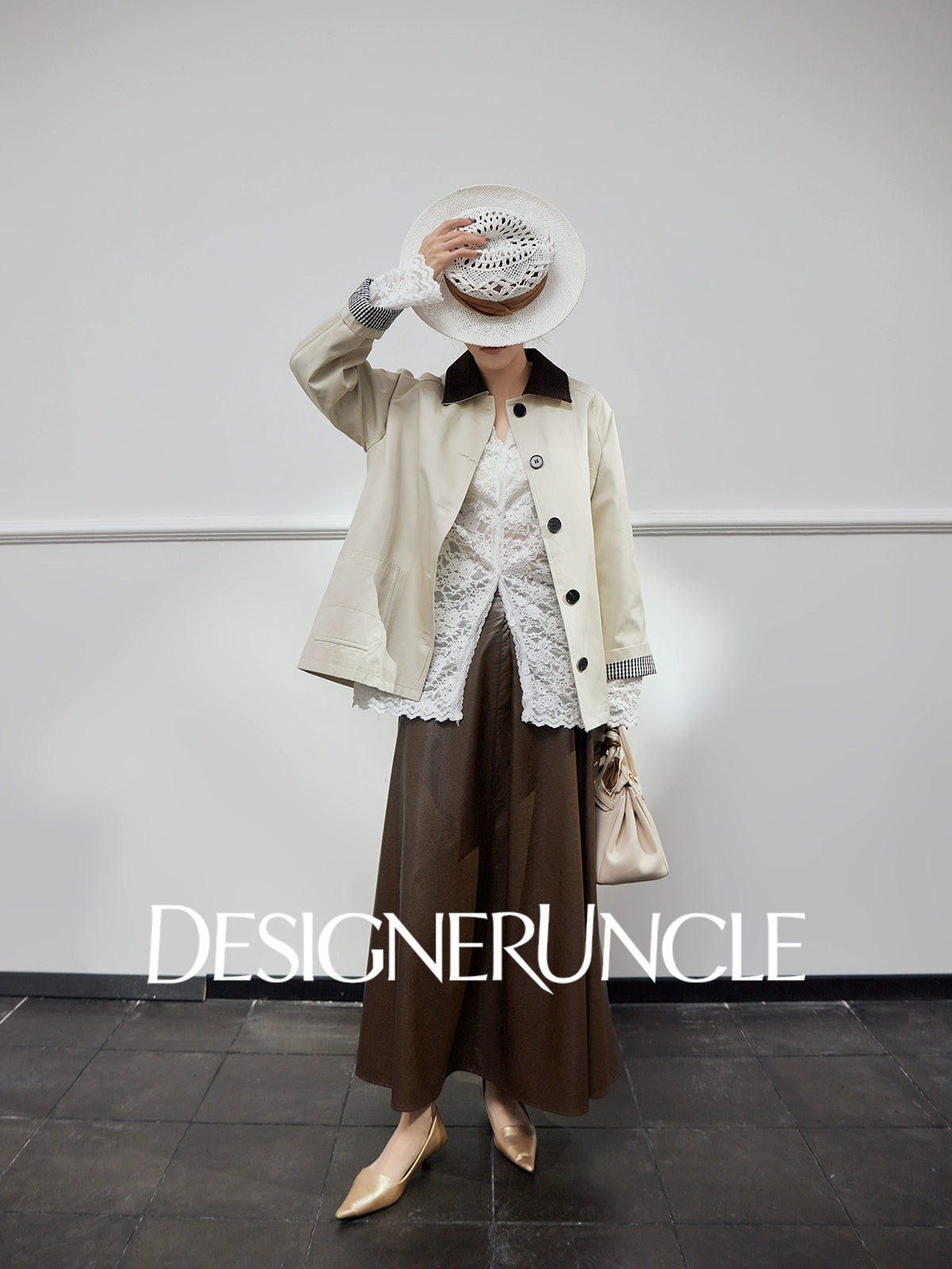 DGU| Off-white trench niche design plaid patchwork lapel long-sleeved jacket - PRAISES.