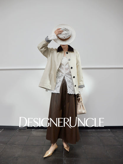 DGU| Off-white trench niche design plaid patchwork lapel long-sleeved jacket - PRAISES.