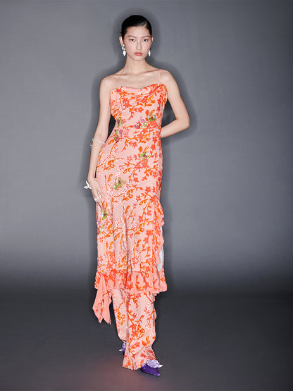 M essential Mackay designer Aorong Velvet irregular ruffled slip dress - Burning Flower