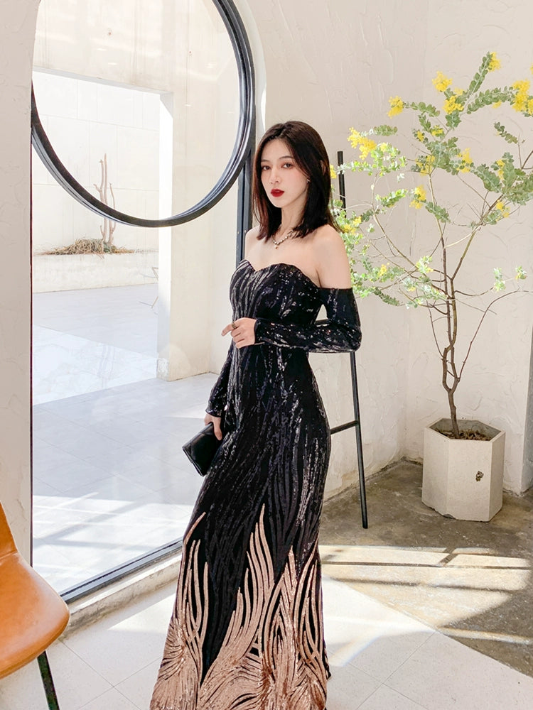 DOLLY High End Black Gold Chest Wrap Long Sleeve Off Shoulder Long Banquet Dress-KANTE