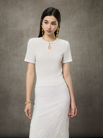 HECO Acetate Knit Buckle Cool Crop Short Sleeve Top - ENGAGE.