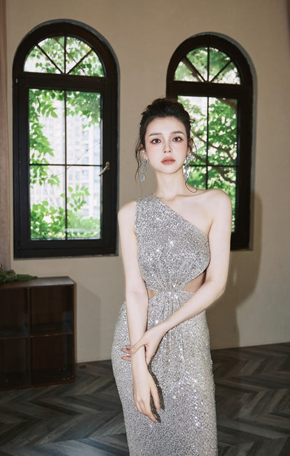 DOLLY Elegant Sliver One Shoulder Sleeveless Sparkling Slim Fit Sexy Dinner Dress-ALETA