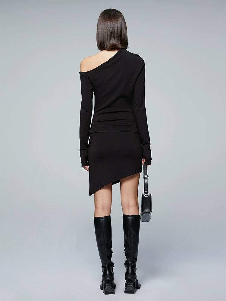 ANNAKIKI Slanted shoulder elastic belt long sleeve dress-CHICHI