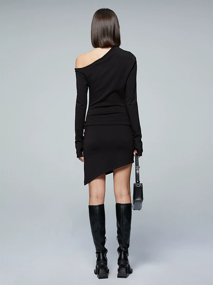 ANNAKIKI Slanted shoulder elastic belt long sleeve dress-CHICHI