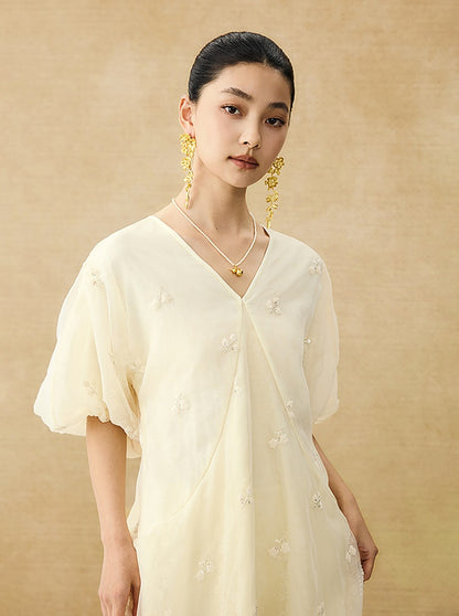 HECO  New Chinese Embroidered V-Neck Puff Sleeve Dress - CORAINE.