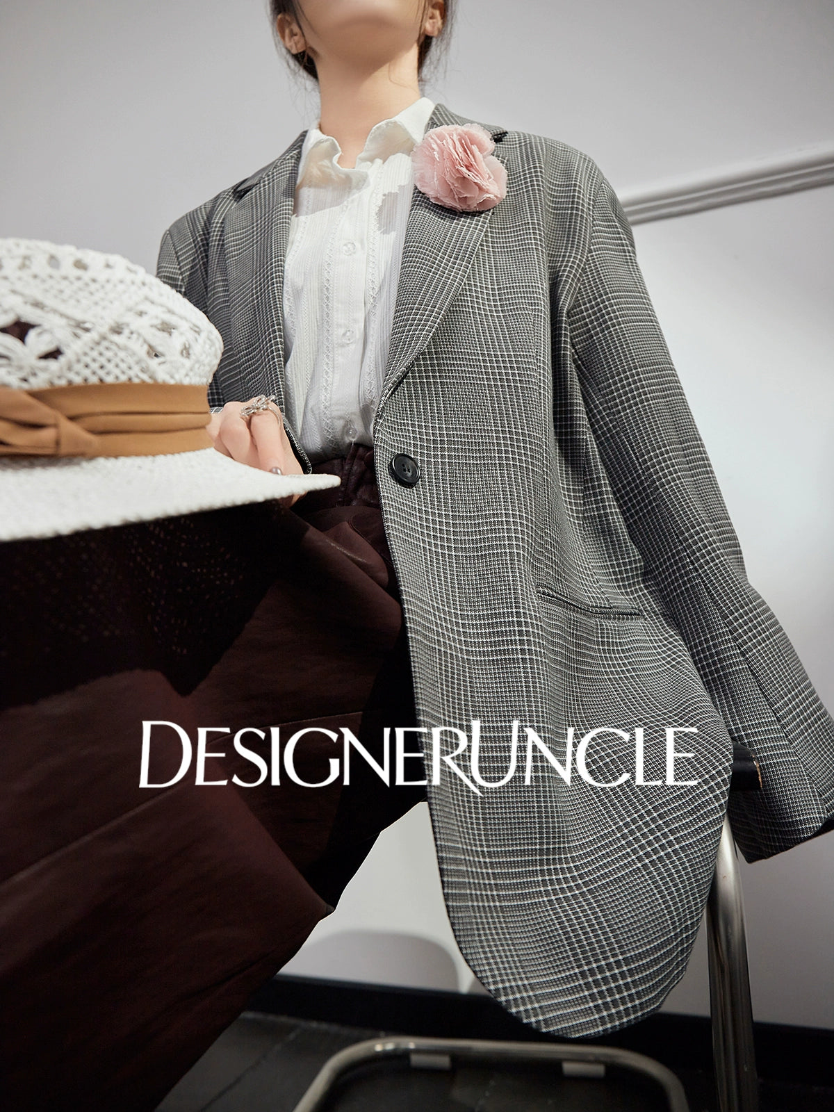 DGU|Gray plaid jacket style high-end houndstooth loose commuter top - NICK .