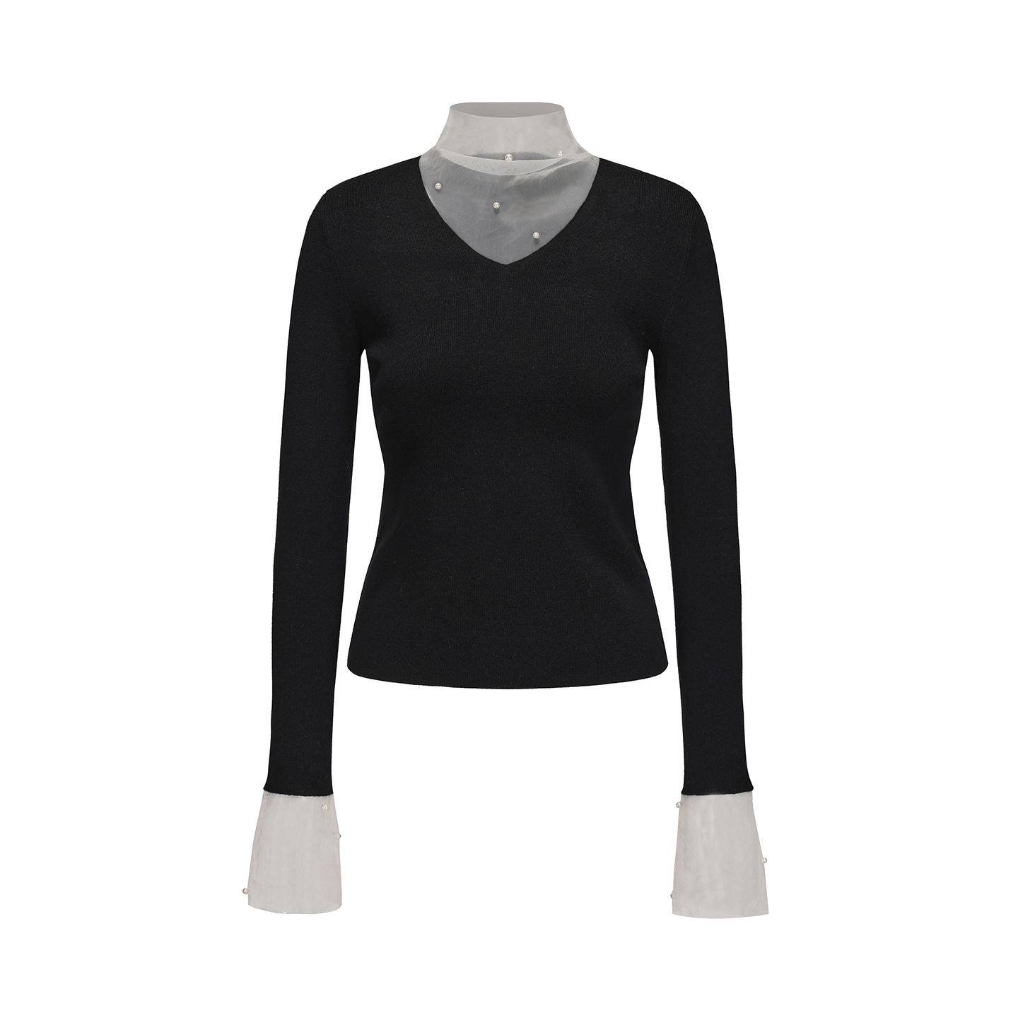 ATELIER MISS LU Pearl Embellished Gauze Patchwork Knit Top - MATT