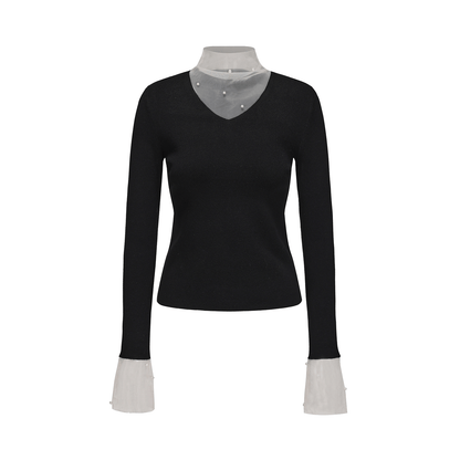ATELIER MISS LU Pearl Embellished Gauze Patchwork Knit Top - MATT