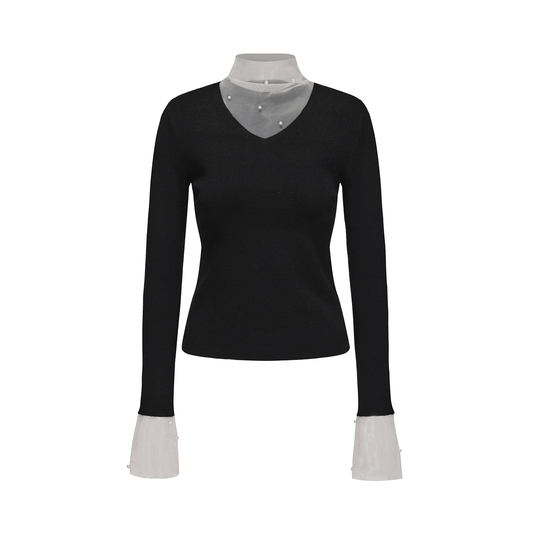 ATELIER MISS LU Pearl Embellished Gauze Patchwork Knit Top - MATT