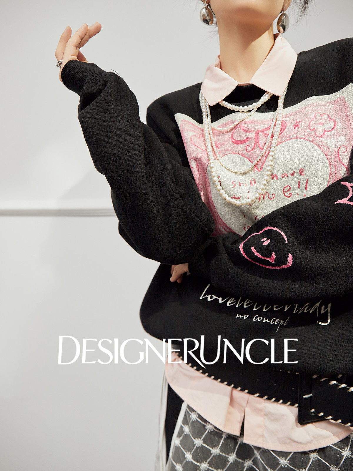 DGU×LAB "Star Dance" black fleece sweatshirt love print crew neck top - MAH