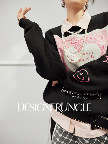 DGU×LAB "Star Dance" black fleece sweatshirt love print crew neck top - MAH