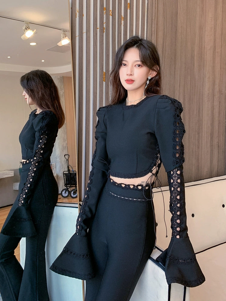 DOLLY Luxury Long Trumpet Sleeve Crop Top+ High Waist Long Flared Pants-LOLA