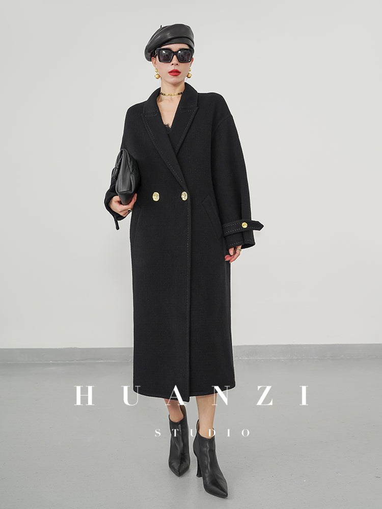 Huanzi tailoring couture minimalist double-sided cashmere wool tweed mid-length coat - Gaue
