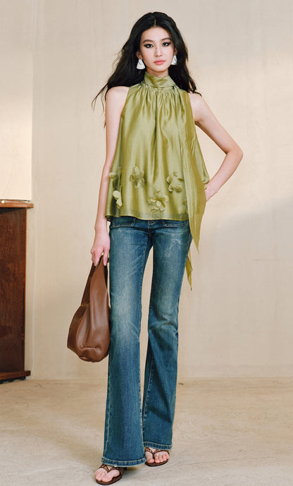 WANGXO Luxury Brand High-End Tencel Acetate Heavy Handmade Nail Flowers French Loose Ribbon Sleeveless Top - MAEVE