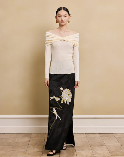 HECO  long-sleeved black red knitwear off-the-shoulder spring - DREAM.