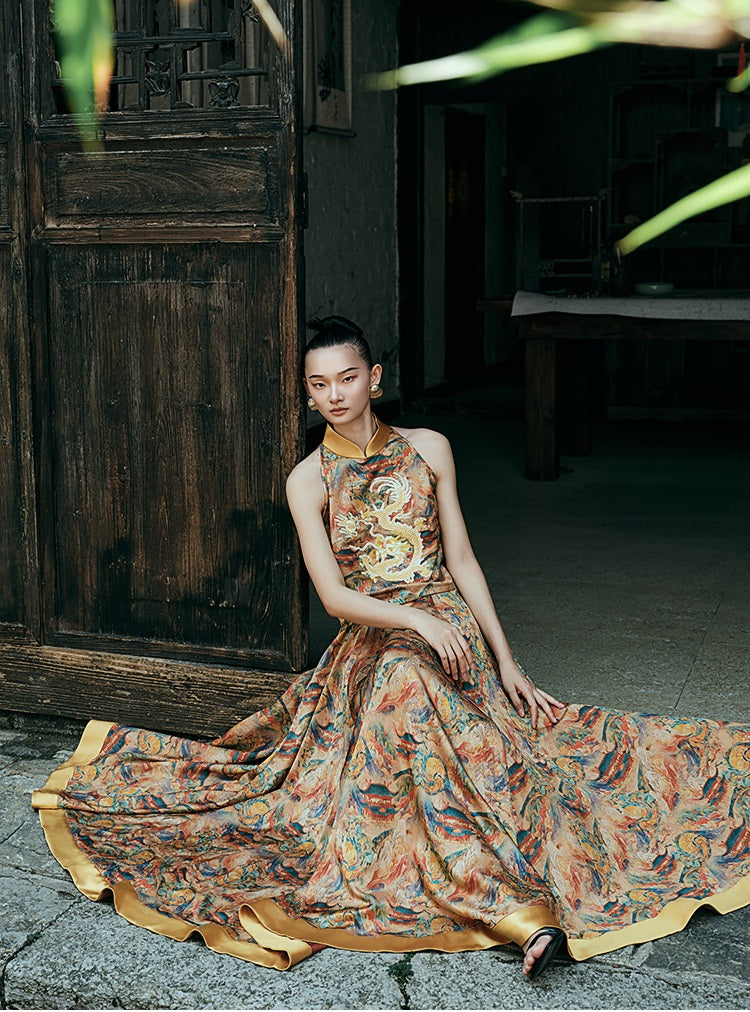 HECO Chinese Retro Mural Golden Dragon Embroidered Vest Top - ERIKA.