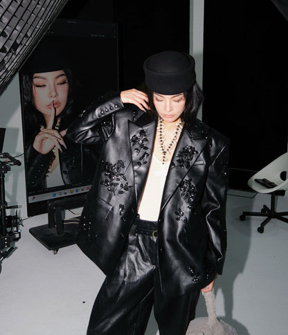MEI SANGUAN black nail beaded embroidered leather jacket blazer -