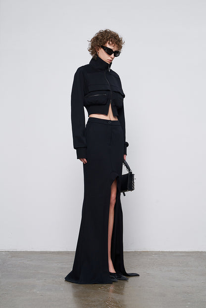 ANNAKIKI Designer Curved Casual Sweat Slit Maxi Skirt-FUKU