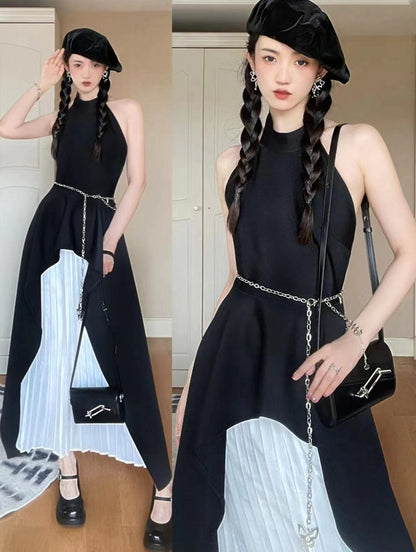 DOLLY High End White/Black Sleeveless Ruffled Halter Neck Top+ Pleated Skirt-SOLANGE