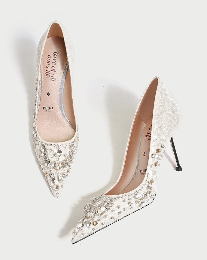 PJJUU pointed toe high heeled rhinestone shoes - GLAP.
