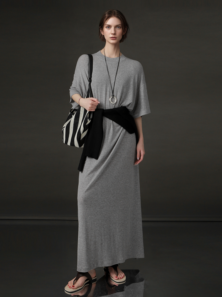 PIAOIN minimalist style nude tencel wool t-shirt skirt versatile dress -LYDIA