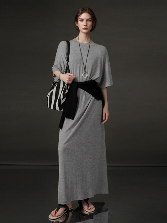 PIAOIN minimalist style nude tencel wool t-shirt skirt versatile dress -LYDIA