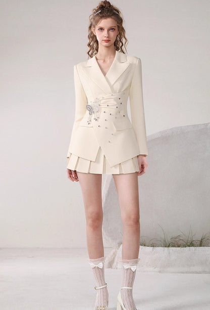 CHECOCRE Stubble temperament commuter bow diamond irregular jacket pleated skirt - ANGEL.