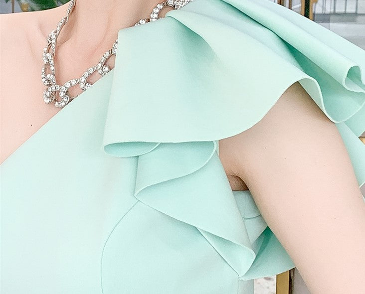 DOLLY Elegant Slant Collar Ruffle Sleeve Slim Fit Midi Irregular Skirt Party Dress-GANGA