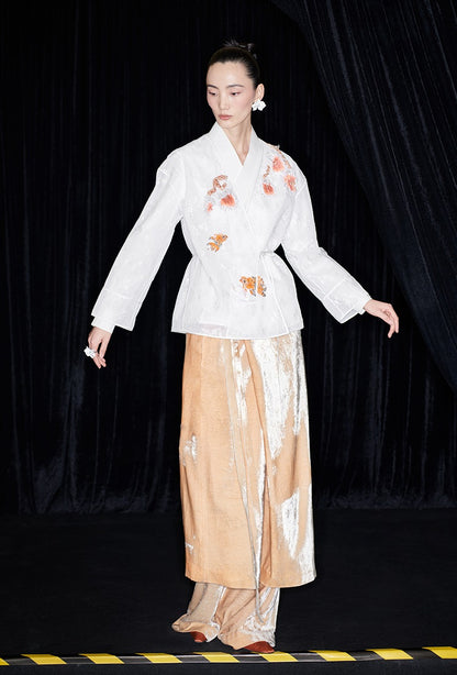 M essential Mackay designer label Quiet lace dahlia Thai lion goldfish studded Kimono Top - NICE.