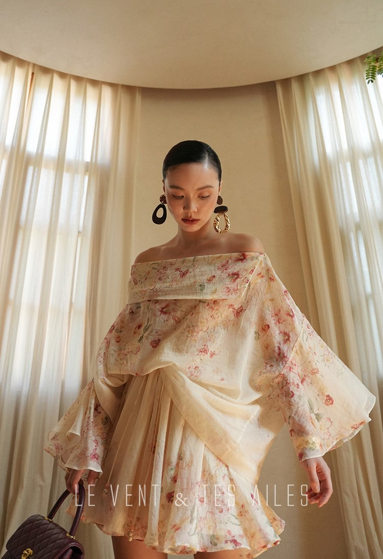 LE VENT&TES AILES Floral-print off shoulder top Skirt trousers set-RINA.