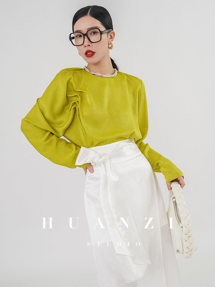 Huanzi Silky Satin Pleated Women's Spring Autumn Long-sleeved Top Blouse - Aniy S / Lemon