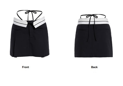 Tiny IN low-waisted contrasting turn-up short pressed pleats skirt-LULU