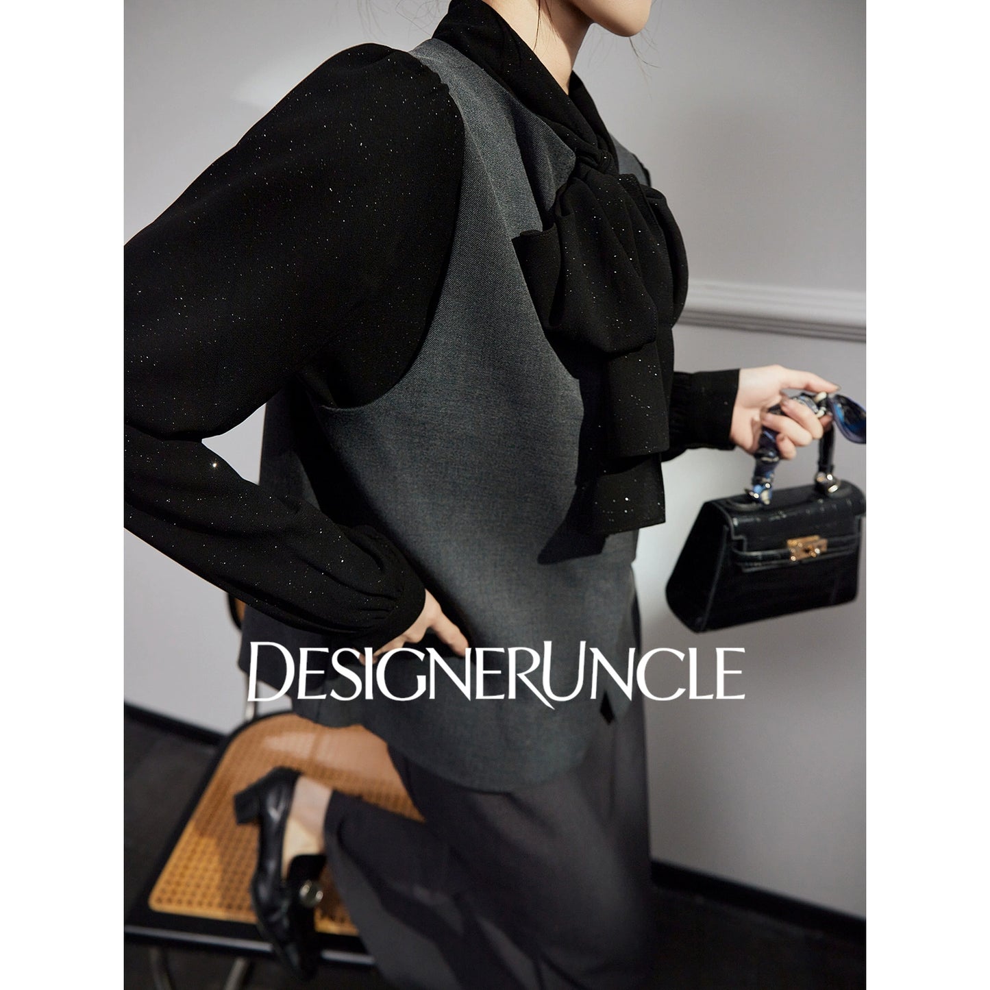 DGU "Yanying" black suit new textured professional commuting two-piece set - MATE.