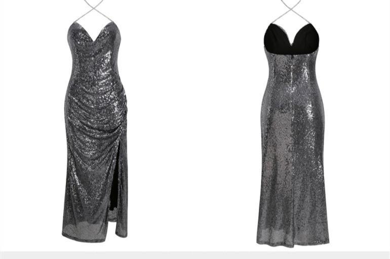 DOLLY High End V-Neck Sleeveless Long Slit Sequin Body Hug Evening Dress-KIM