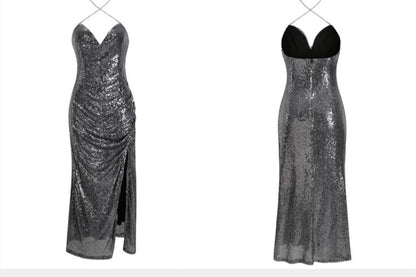 DOLLY High End V-Neck Sleeveless Long Slit Sequin Body Hug Evening Dress-KIM