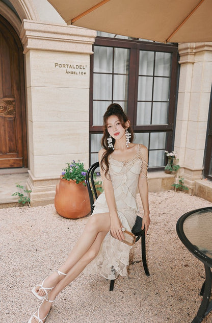 DOLLY Elegant French Style Cream Ruffled Lace Fake Two Piece Midi Dinner Dress-KAKA