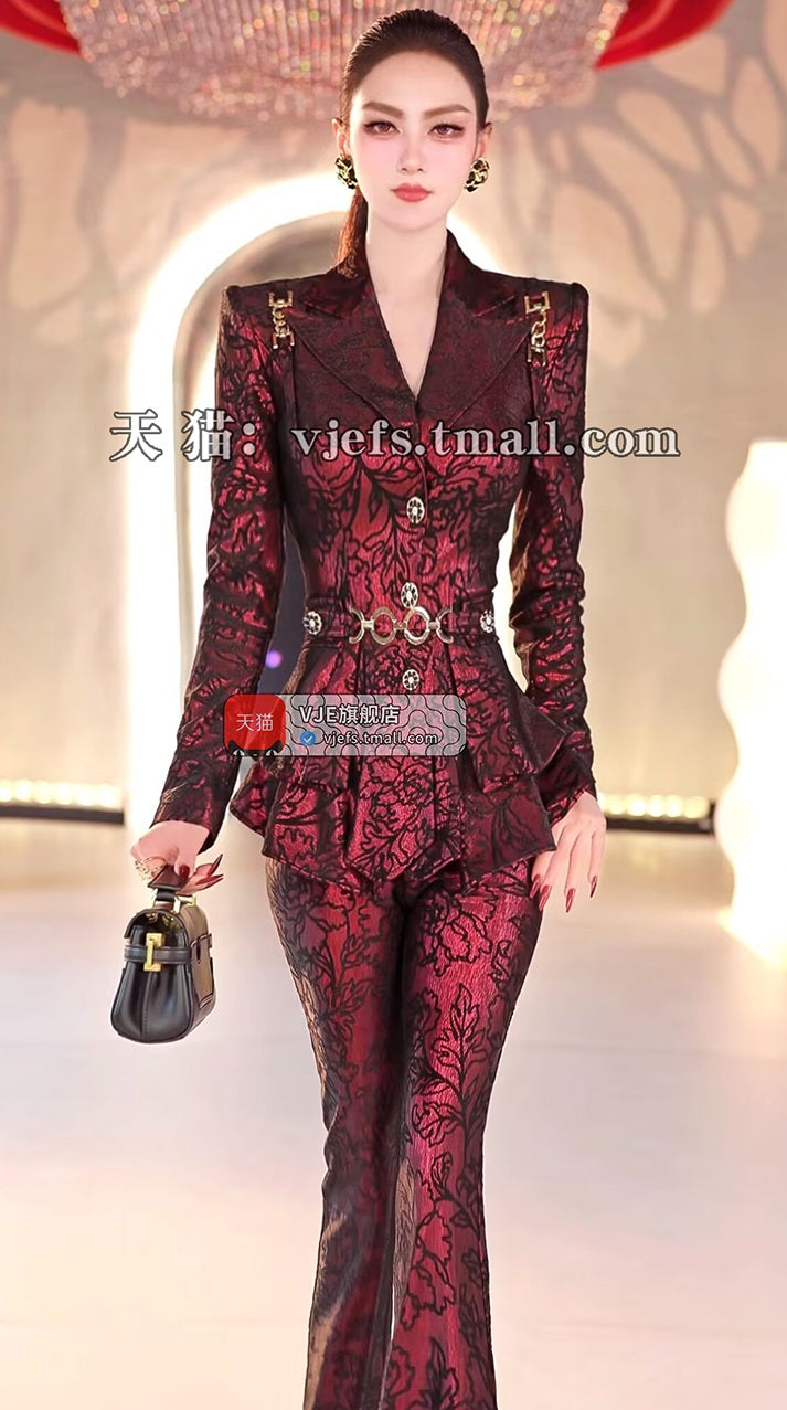 VJE Waist Skirt Jacket Micro Flared Pants Two-Piece Set - ACE.