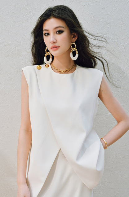 WANGXO | Imported Twisted Drape Fabric Elegant Commuter-Style Diagonal Placket with Loose Pleated Slit Vest & Skirt Suit Set -NALA